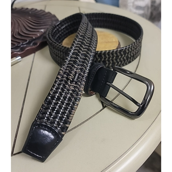 Torino Men's Italian Woven Stretch Leather Belt - Two Tone Black Gray Size 34-36 - Picture 6 of 8